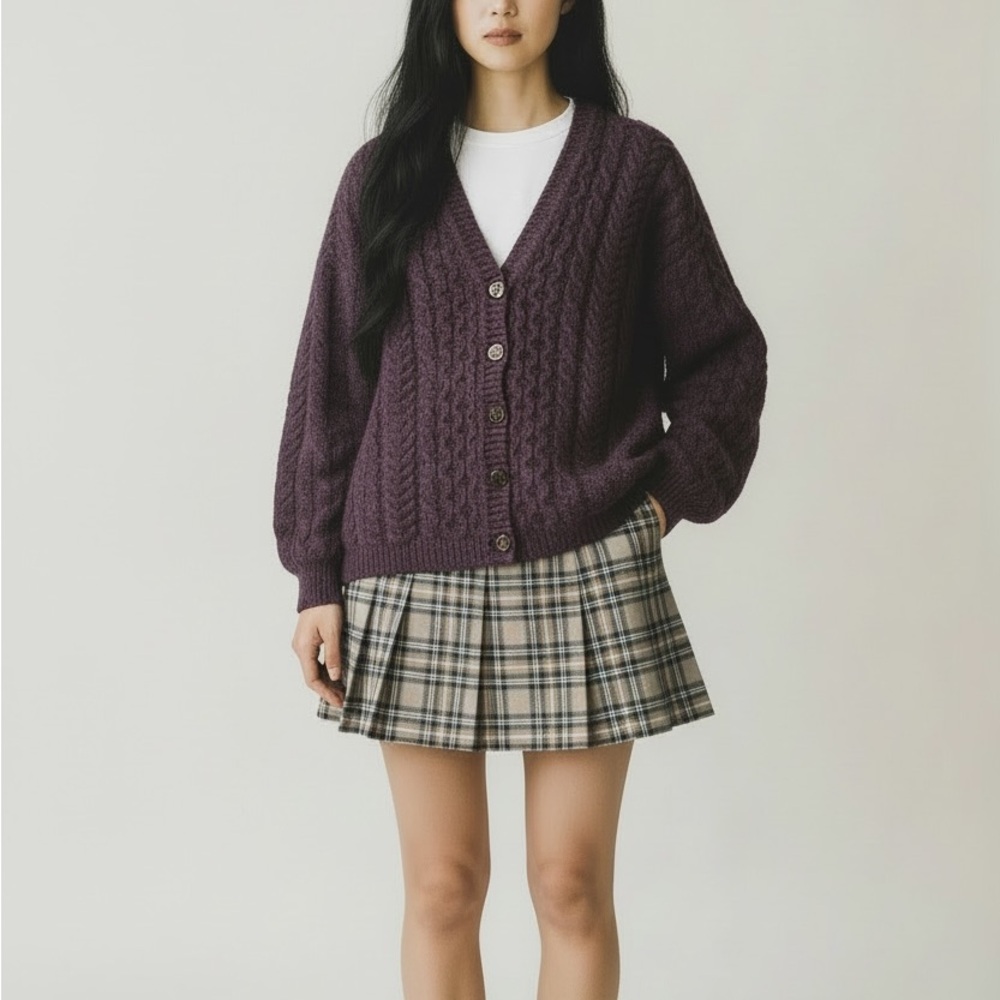 L.L. Bean Vintage Purple Wool Chunky Fisherman Cable Knit Cardigan Sweater Small
